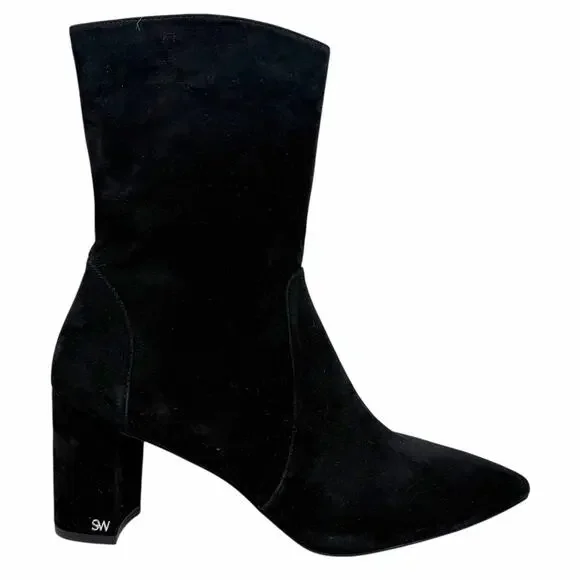 Stuart Weitzman Renegade Suede Block Heel Ankle Boots Black Size 11
